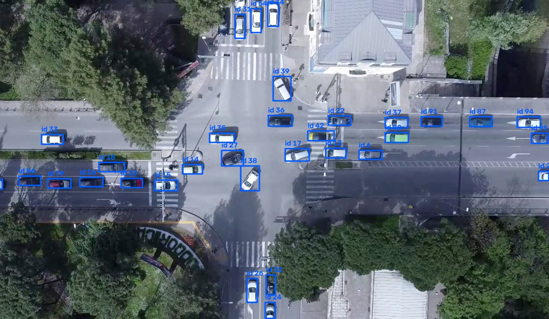 Drone footage of an intersection with every vehicle detected and tracked
